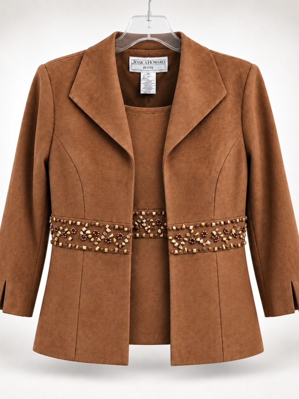 Jessica Howard Petite 6P Faux Suede Beaded Jacket Shell 2 Piece Set